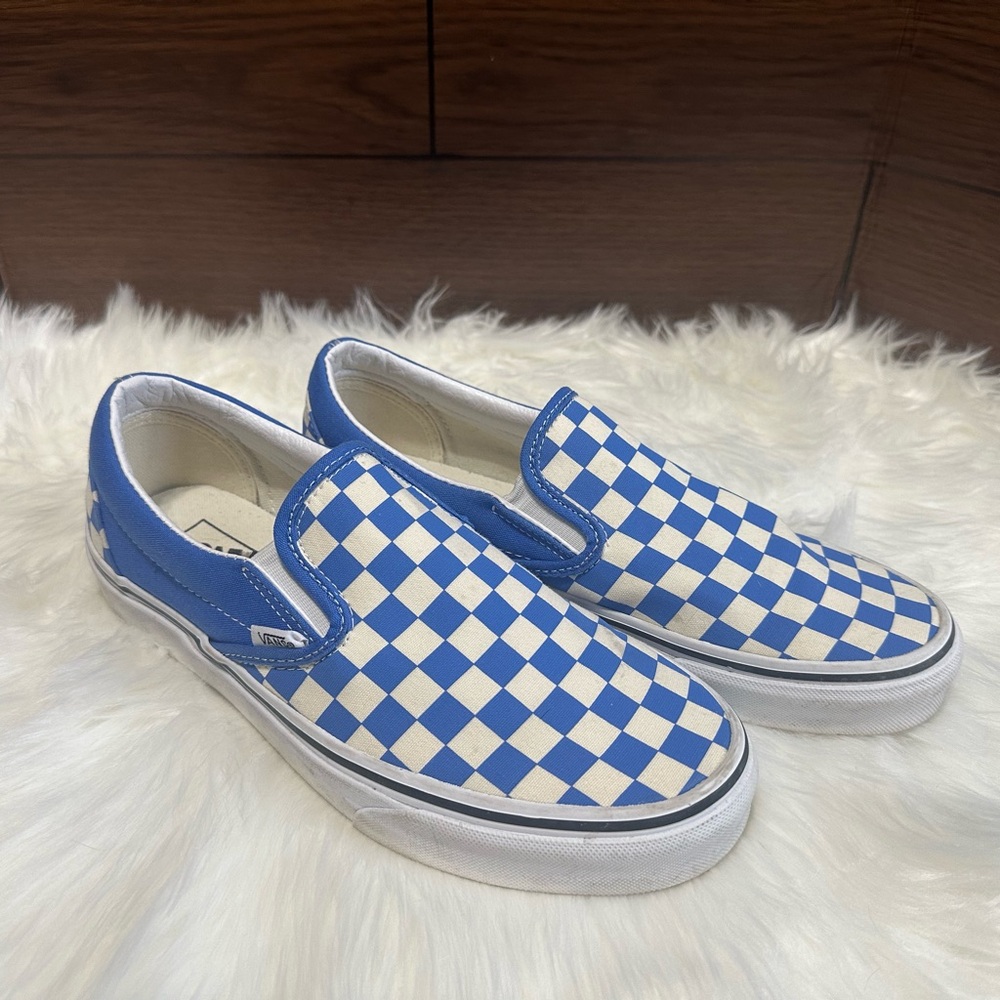Vans Blue and White Checkered Slip-On Sneakers